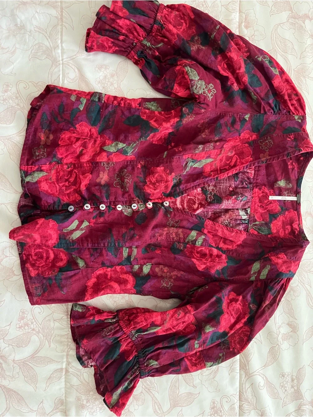 Free People Floral V-Neck Button Front Blouse in Red XS